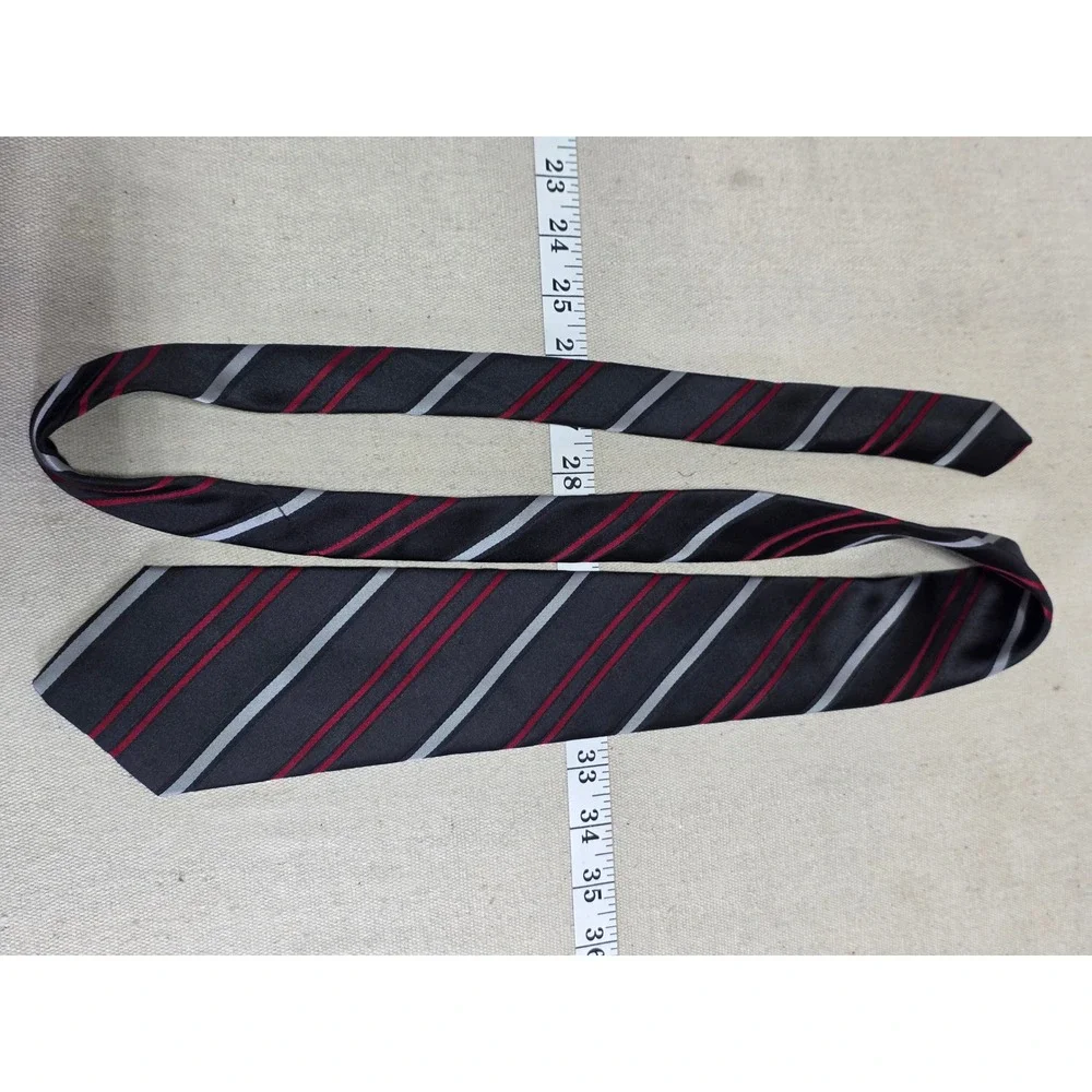 John Henry Mens Necktie Black Red Silver Grey Diagonal Striped Silk Blend Tie